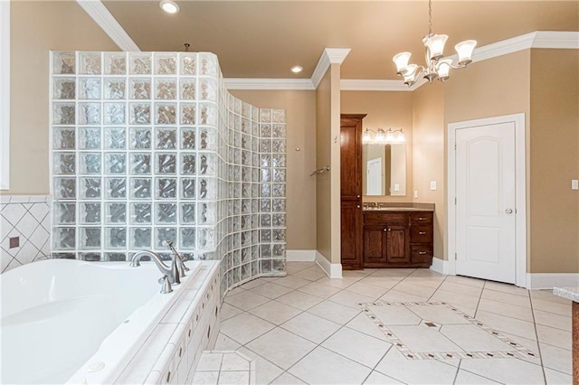 bathroom with tile patterned floors, tiled bath, crown molding, a chandelier, and vanity