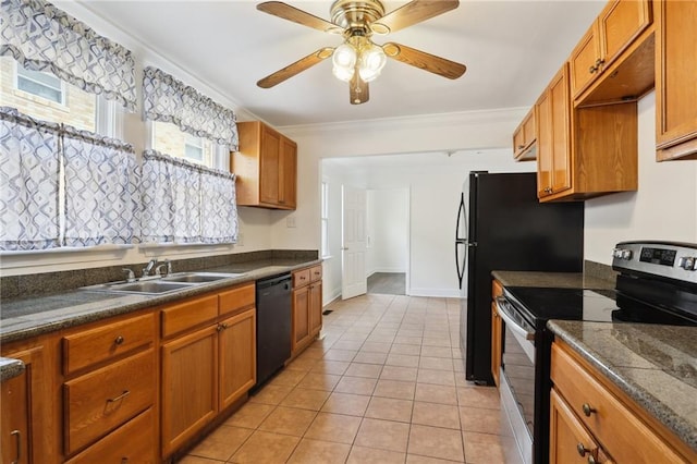 kitchen with a sink, stainless steel range with electric cooktop, black dishwasher, ornamental molding, and dark countertops