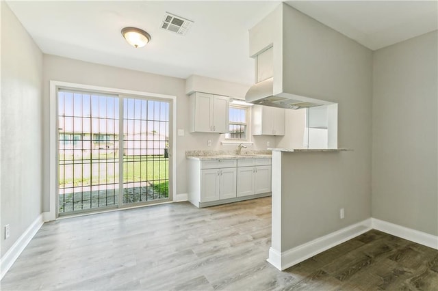 kitchen with white cabinetry, sink, light stone counters, and light wood-type flooring