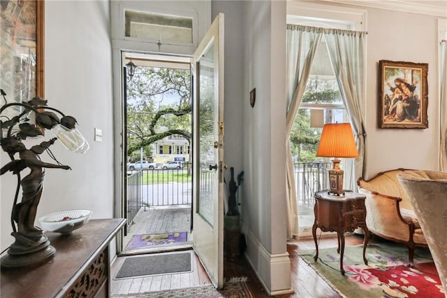 foyer featuring a healthy amount of sunlight, hardwood / wood-style floors, and ornamental molding