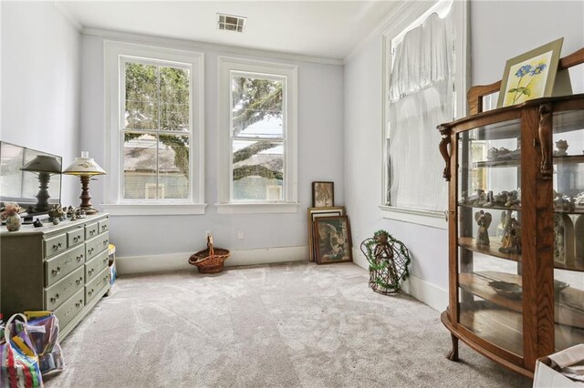 sitting room with carpet and crown molding