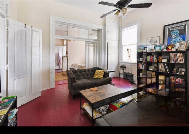 living room with ceiling fan and dark hardwood / wood-style flooring