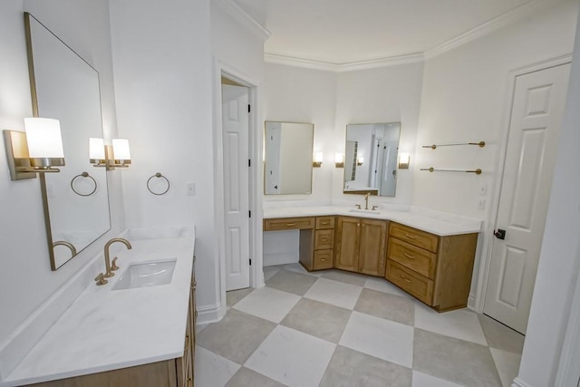 bathroom with vanity and crown molding