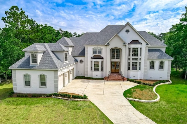 french country inspired facade featuring a garage, french doors, and a front lawn