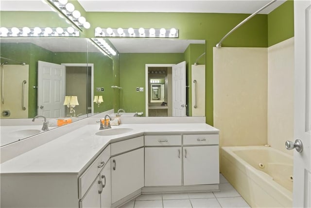 bathroom featuring shower / tub combination, tile patterned floors, and vanity