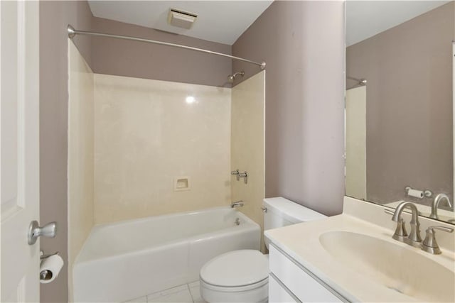 full bathroom featuring vanity, tile patterned flooring, shower / washtub combination, and toilet