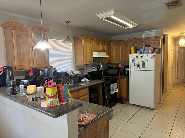 kitchen with sink, kitchen peninsula, black appliances, and light tile floors