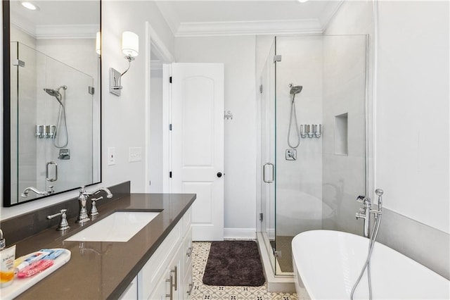 bathroom featuring a stall shower, crown molding, and a freestanding tub