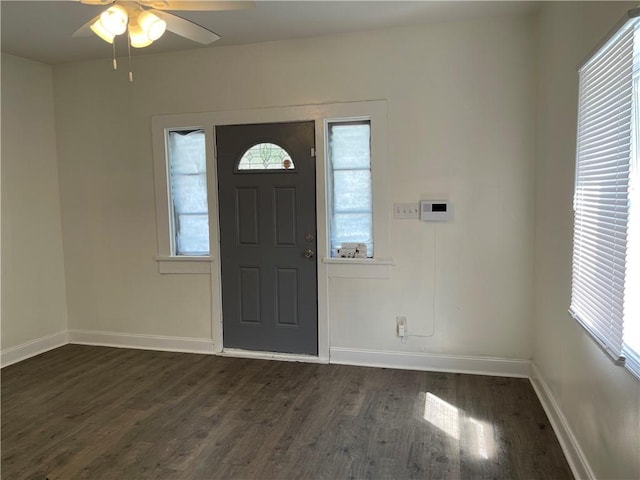 foyer entrance featuring ceiling fan and dark hardwood / wood-style flooring