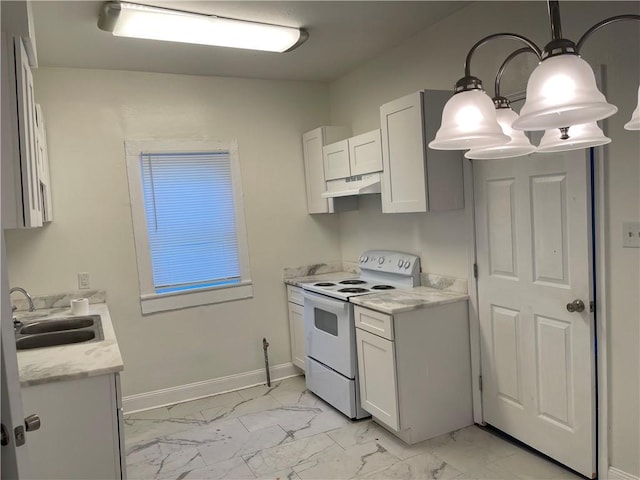 kitchen featuring white electric range oven, white cabinets, and sink