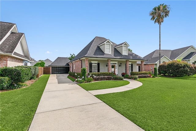 view of front of house featuring covered porch, a front yard, and a garage