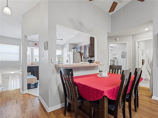 dining space with ceiling fan and light wood-type flooring