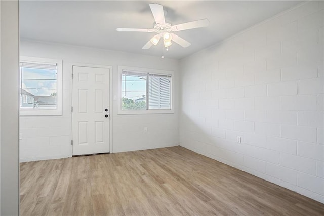 entryway with light hardwood / wood-style floors, ceiling fan, and a healthy amount of sunlight