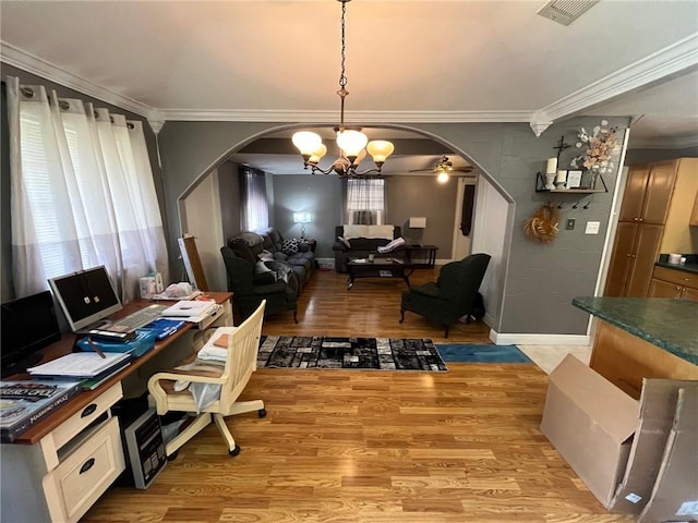 home office featuring light hardwood / wood-style flooring, a notable chandelier, and ornamental molding