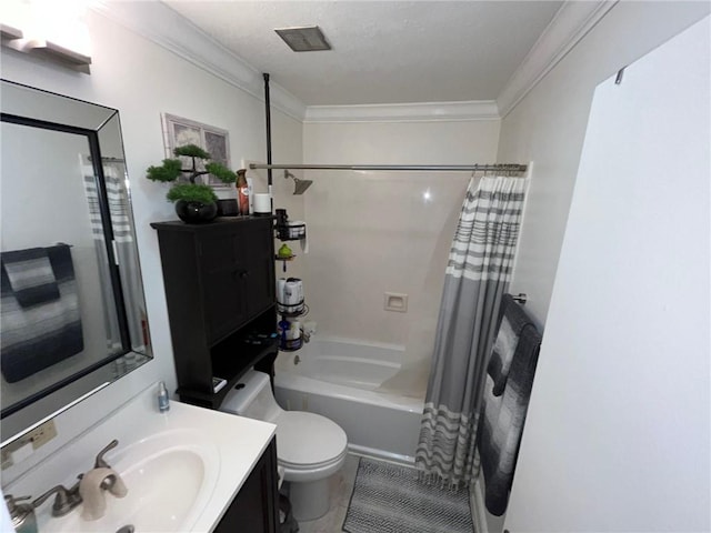 full bathroom featuring vanity, toilet, ornamental molding, shower / bathtub combination with curtain, and tile patterned flooring