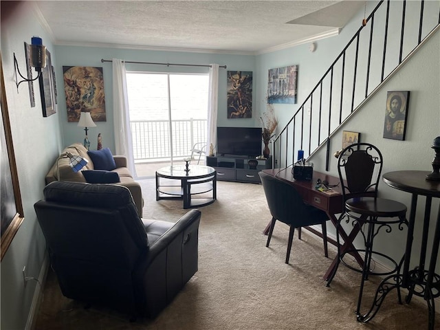 carpeted living room featuring a textured ceiling and crown molding