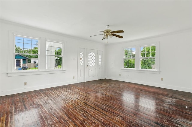 foyer entrance with dark hardwood / wood-style flooring, a wealth of natural light, and ornamental molding