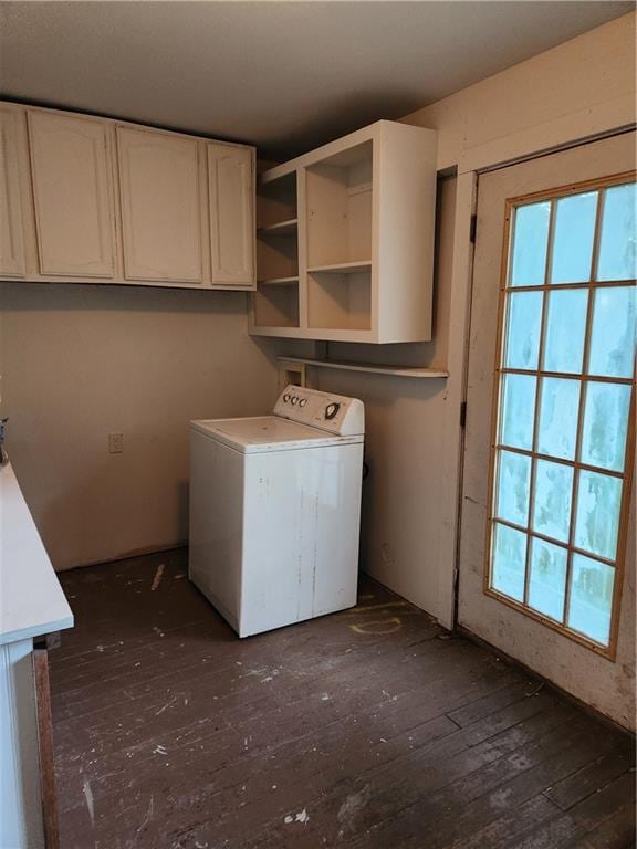 laundry room with washer / clothes dryer, cabinets, and wood-type flooring