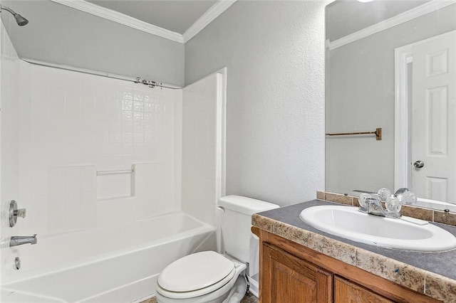 full bathroom with vanity, ornamental molding, shower / bath combination, and toilet