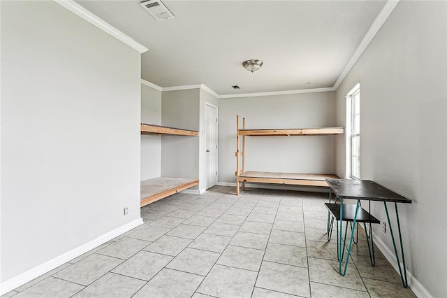 interior space with crown molding and light tile floors