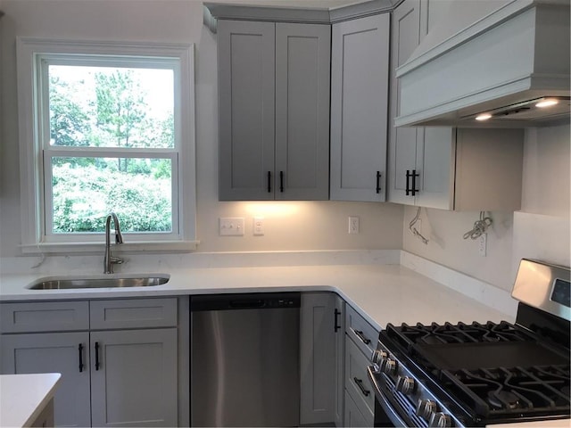 kitchen with a wealth of natural light, stainless steel appliances, custom exhaust hood, and sink