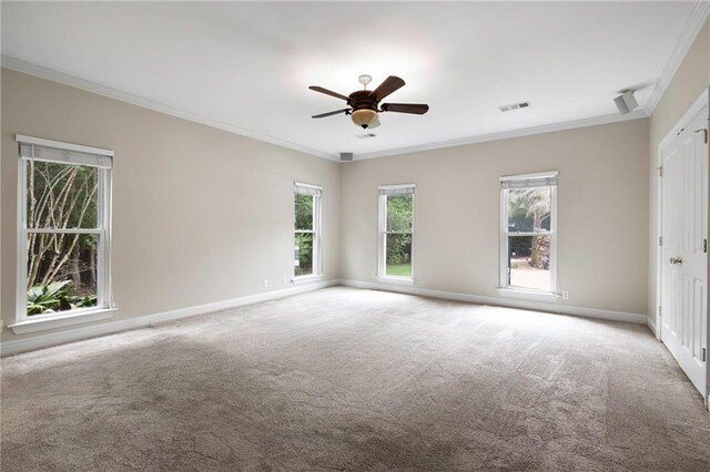 spare room with crown molding, carpet, plenty of natural light, and ceiling fan