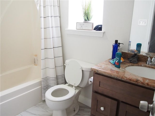 full bathroom with tile flooring, shower / bath combo, toilet, and large vanity