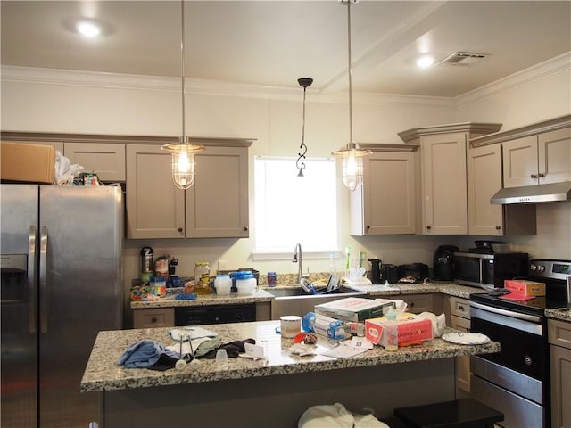 kitchen with decorative light fixtures, crown molding, a center island, appliances with stainless steel finishes, and sink