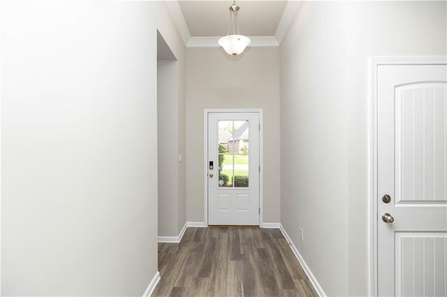 doorway to outside featuring crown molding and dark wood-type flooring