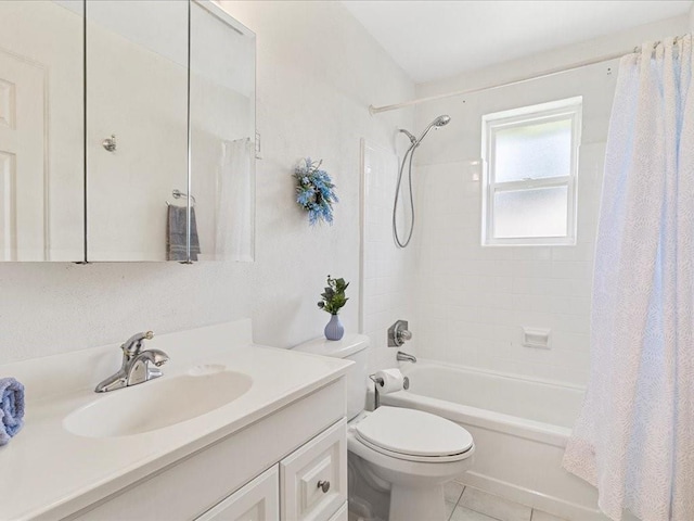 full bathroom featuring toilet, vanity, shower / tub combo, and tile patterned flooring