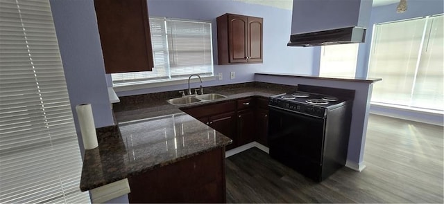 kitchen with wall chimney range hood, sink, electric range, dark stone countertops, and kitchen peninsula