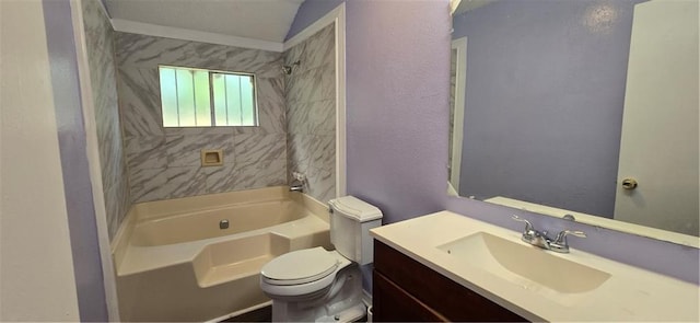 full bathroom with tiled shower / bath combo, toilet, and vanity