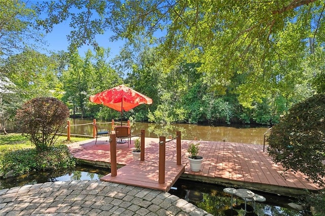 wooden terrace with a dock and a water view