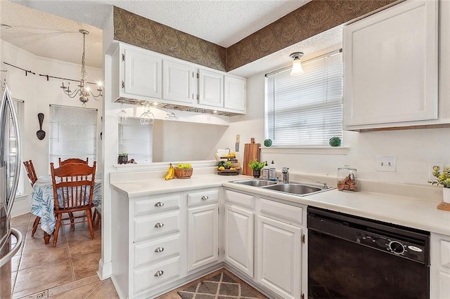 kitchen with white cabinetry, sink, an inviting chandelier, black dishwasher, and a textured ceiling