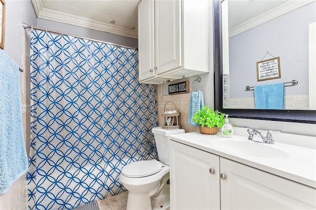 bathroom featuring tile patterned floors, crown molding, a textured ceiling, toilet, and vanity