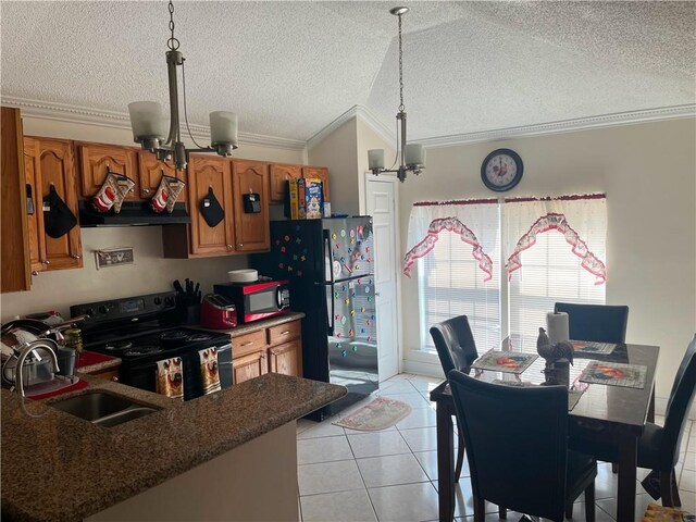 kitchen featuring crown molding, light tile floors, black appliances, sink, and a textured ceiling