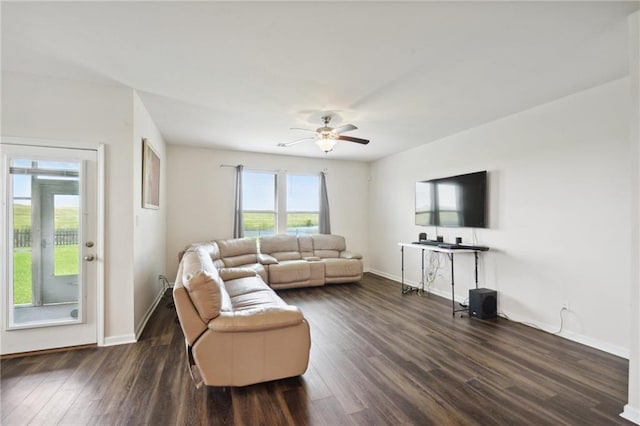 living room with ceiling fan and dark hardwood / wood-style flooring