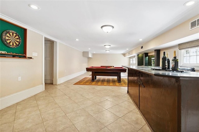 rec room featuring a wealth of natural light, light tile patterned floors, ornamental molding, and pool table