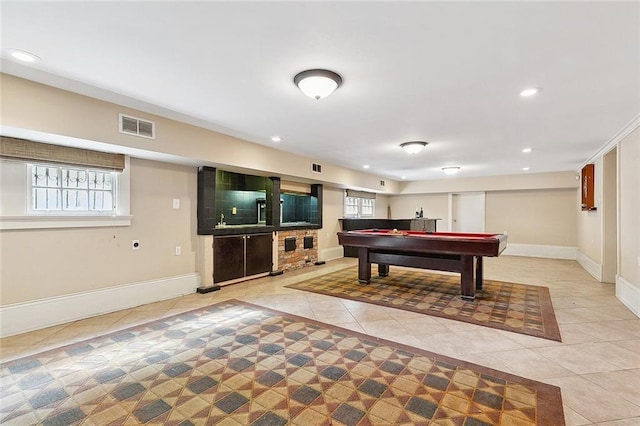 rec room featuring light tile patterned flooring and billiards