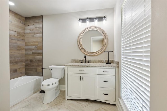 full bathroom featuring vanity, tub / shower combination, and toilet