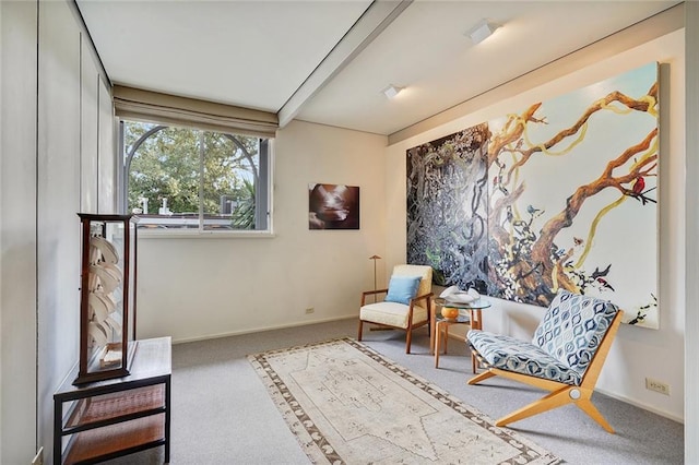 sitting room featuring beam ceiling and carpet