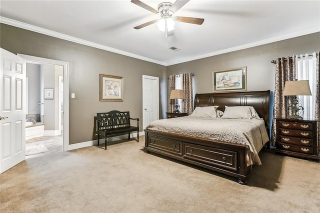 bedroom with ornamental molding, light colored carpet, and ceiling fan