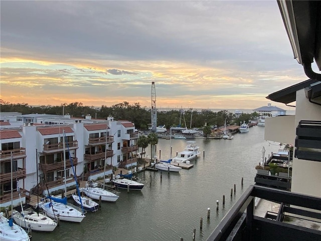 property view of water featuring a boat dock