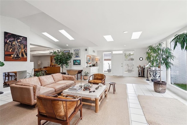 tiled living room with lofted ceiling