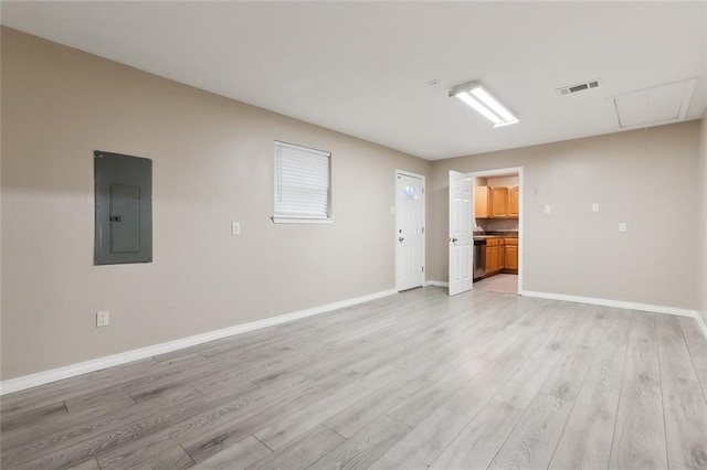 unfurnished living room featuring electric panel and light hardwood / wood-style floors