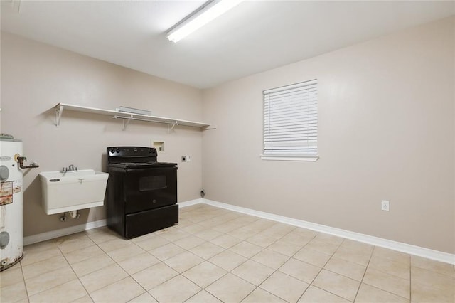 washroom with hookup for a washing machine, electric dryer hookup, water heater, sink, and light tile patterned floors