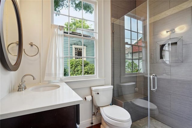 bathroom with a shower with door, toilet, a wealth of natural light, and vanity