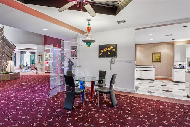 dining space with tile patterned floors, visible vents, baseboards, and recessed lighting