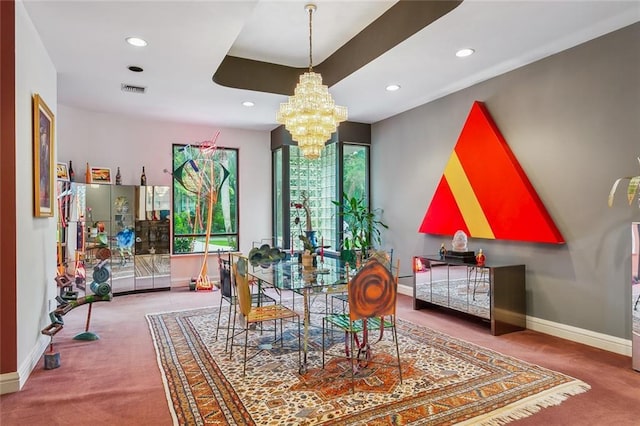 dining space featuring visible vents, baseboards, recessed lighting, a notable chandelier, and carpet flooring