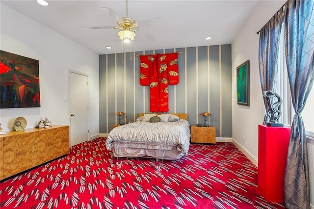 carpeted bedroom with recessed lighting, a ceiling fan, and baseboards